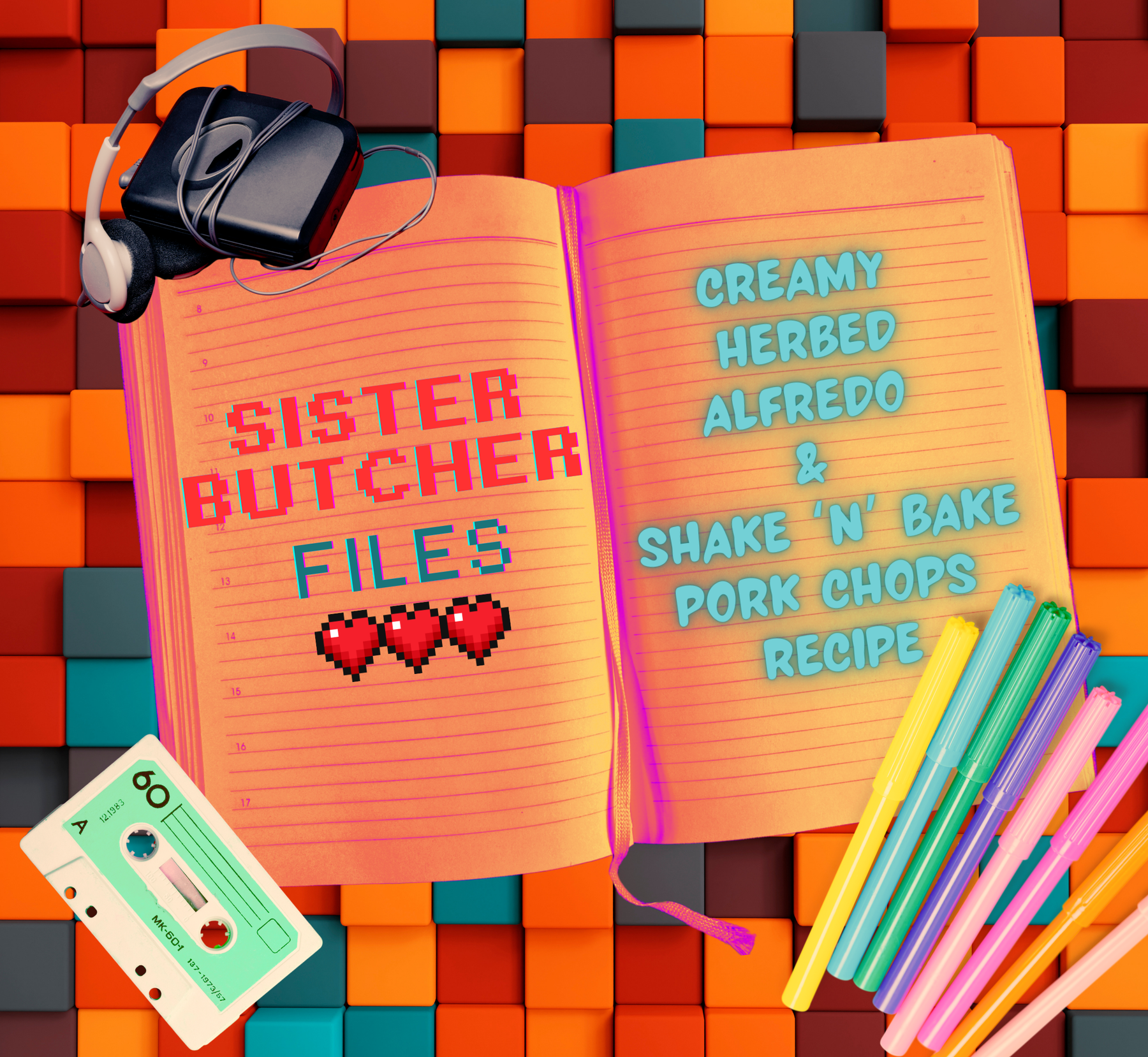 Poster picture announcing NEW Sister Butcher Files Blog: Topics are vegan, plant based and dairy-free Creamy Herbed Alfredo and Shake N' Bake vegan Pork Chops Recipe