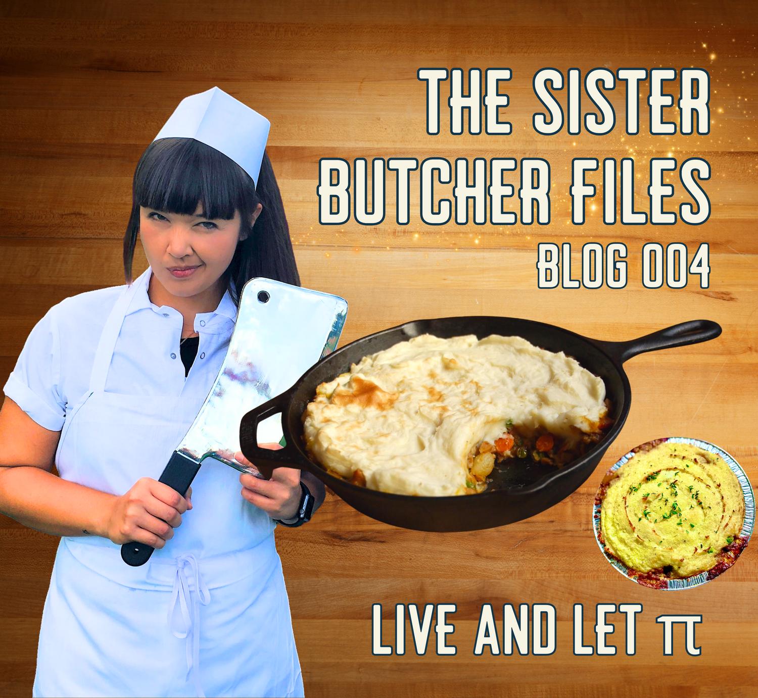 PICTURE OF AUBRY, NEXT TO A VEGAN AND DAIRY FREE SHEPHERD'S PIE WITH A PLANT BASED RECIPE