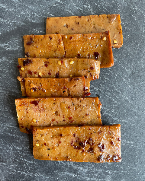Vegan Turkey Jerky glazed with Red Miso Chili Oil