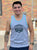 person wearing a grey tank top that has a light blue trim and has The Herbivorous Butcher logo on it