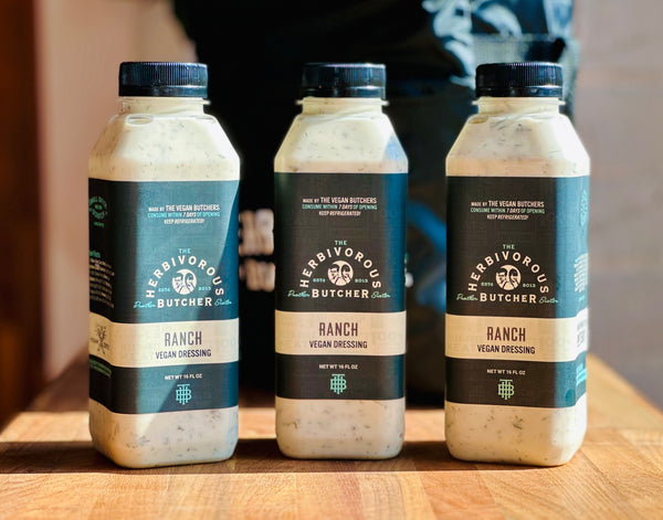 three bottles of vegan ranch dressing from The Herbivorous Butcher