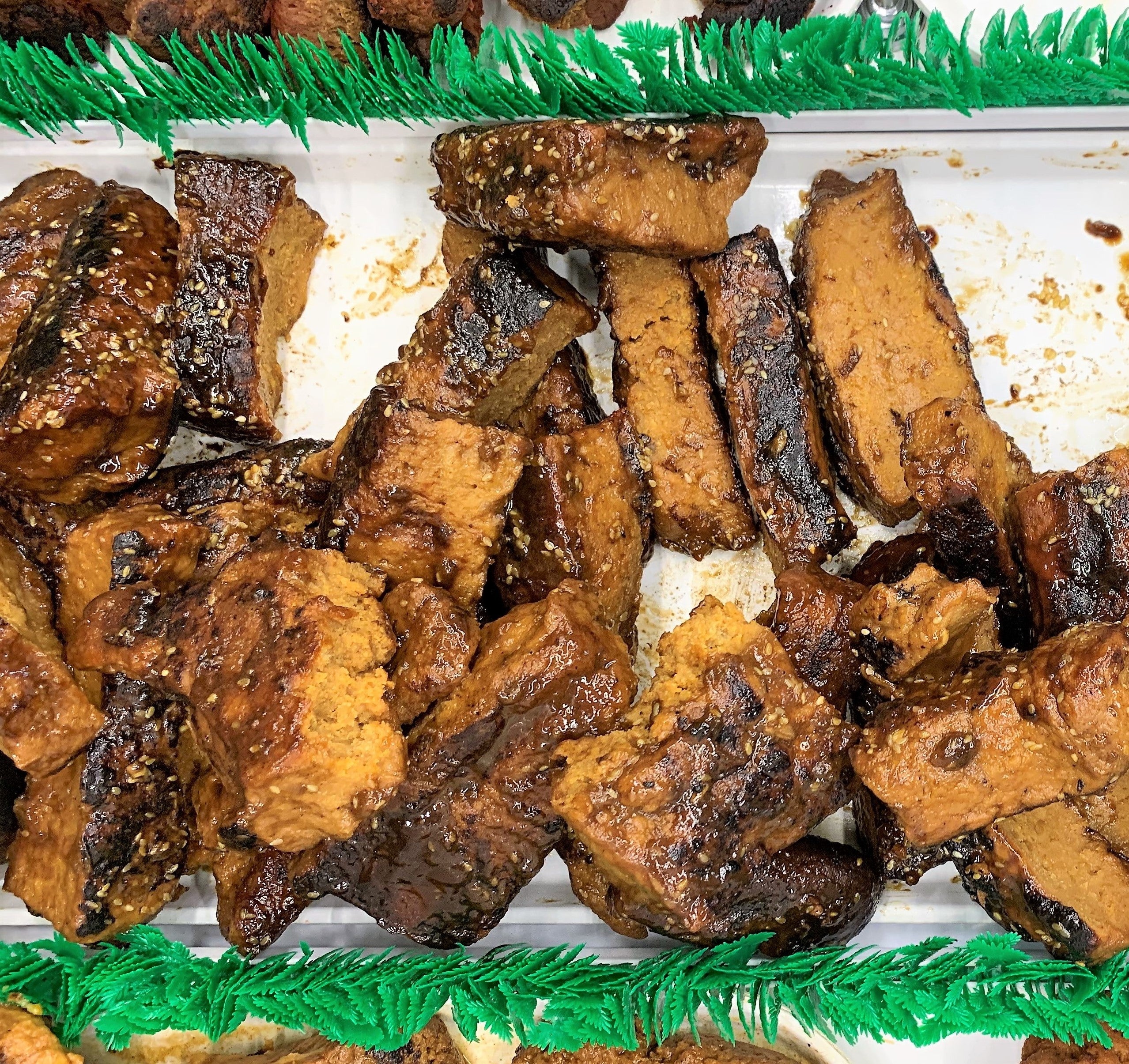 top down view of vegan korean ribs topped with sesame seeds